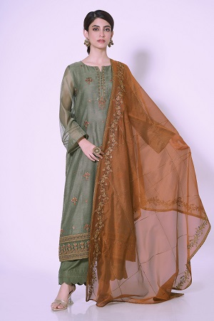 3 Pieces Unstitched Embroidered Khadi Net Suit