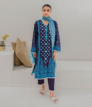 Embroidered Shirt Dupatta - Blue - Lawn Suit - 0218