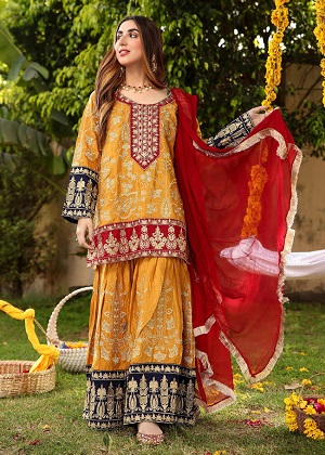 Akhrot Clothing | Mustard Eid Sharara Suit