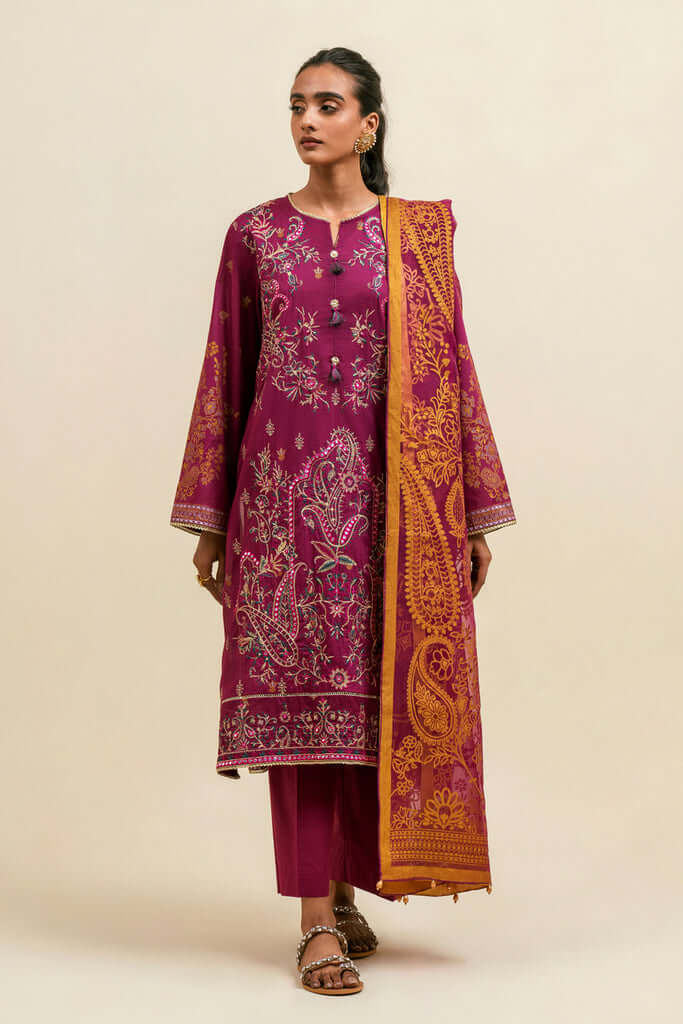 Plum Paisley Embroiderd 3P Lawn