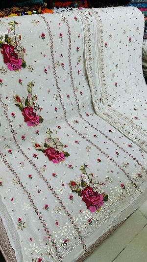 Cross stitch & Indian rose Gold mukesh work 2 piece Dress  (1)