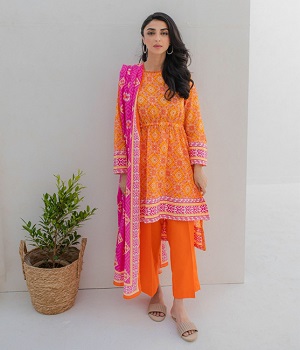 Shirt Shalwar Dupatta - Orange - Lawn Suit - 0329