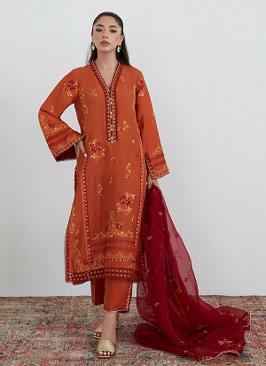 GINGER RUST EMBROIDERED SHIRT WITH ORGANZA DUPATTA