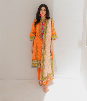 Shirt Shalwar Dupatta - Orange - Lawn Suit - 0347