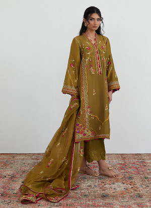 MOSS OLIVE EMBROIDERED SHIRT WITH ORGANZA DUPATTA