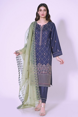 3 Pieces Unstitched Embroidered Cotton silk Suit WUM33113