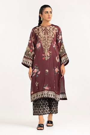 Luxury Pret Printed Charmeuse Silk Embroidered Shirt and Rawsilk trouser ILP-22-76 2PC