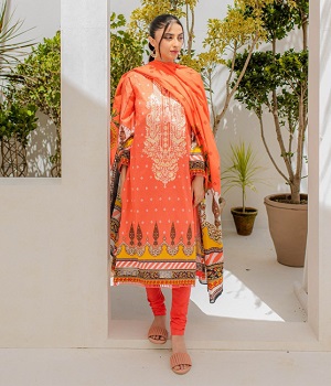 Embroidered Shirt Shalwar Dupatta - Orange - Lawn Suit - 0354