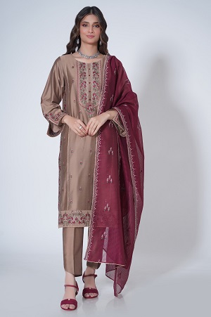3 Pieces Unstitched Embroidered Cotton silk Suit WUM33111