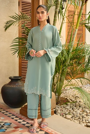 DC-2174 L-GREEN 2PCS EMBROIDERED KURTA WITH TROUSER