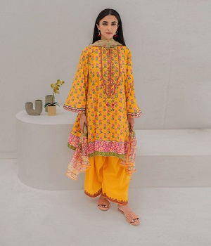 Embroidered Shirt Shalwar Dupatta - Yellow - Lawn Suit - 0257