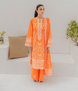 Embroidered Shirt Shalwar Dupatta - Orange - Lawn Suit - 0178